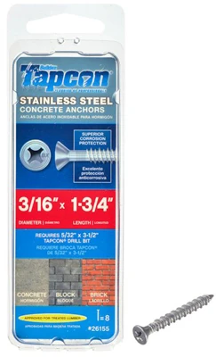 Concrete Screw Anchors, Phillips Head, 3/16 x 1-3/4 In., 8-Pk.