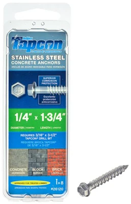 Concrete Anchors, Stainless Steel, Hex Head, 1/4 x 1-3/4 In., 8-Pk.