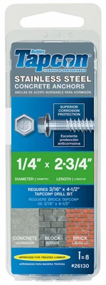 Concrete Screw Anchors, Hex Head, 1/4 x 2-3/4 In., 8-Pk.