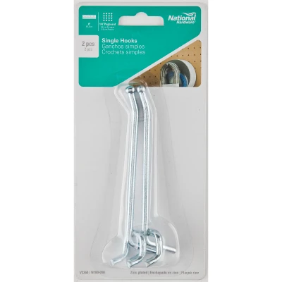 Pegboard/Wall Hook, Zinc, 4 In., 2-Pk.