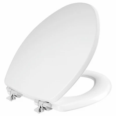 Benton Elongated Wood Toilet Seat, White Enamel, Never Loosens, Slow-Close Chrome Hinge