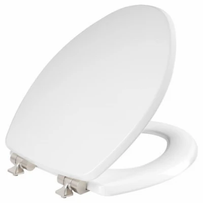 Benton Elongated Wood Toilet Seat, White Enamel, Never Loosens, Slow-Close Brushed Nickel Hinge