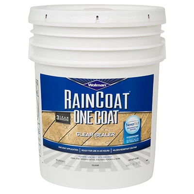 Raincoat 1-Coat Transparent Exterior Wood Sealer, Water Based, Water Repellant, Clear, 5-Gallons