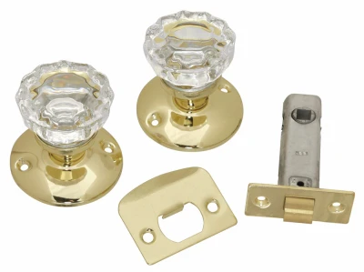 Passage Door Latch Set, Glass Knobs, Polished Brass