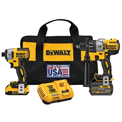 FLEXVOLT 20-Volt Hammer Drill + Impact Driver Kit, Brushless Motor, 2 Lithium-Ion Batteries