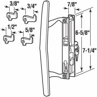 Sliding Glass Door Handle Set, Diecast Metal, Hook Style, Flush Mount, 6 and 5/8 Inches Length