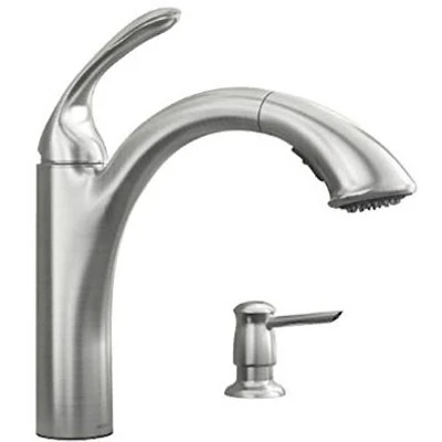 Kinzel Collection Kitchen Faucet With Pull-Out Spray + Soap Dispenser, Low-Arc, Stainless Steel