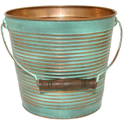 Planter With Handle, Vintage Copper Ribbed Metal, 10 In.