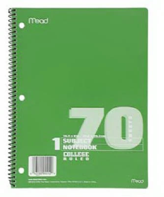 Spiral Notebook, College Ruled, 10.5 x 8 In., 70 Sheets