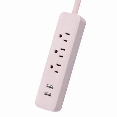 Power Strip, 2 USB Ports, Fabric-Covered Cord, Rose, 6-Ft.