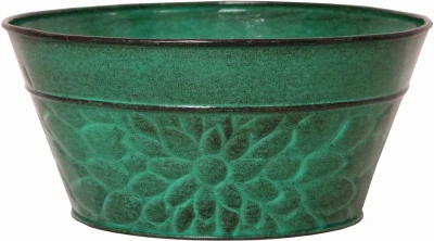 Laurel Bowl Planter Aqua Blue Embossed Sheet Metal 8 Inch High