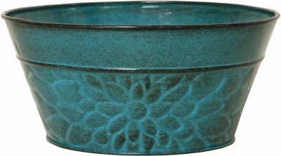 Laurel Bowl Planter in Lagoon Green Embossed Sheet Metal, 8 Inches High