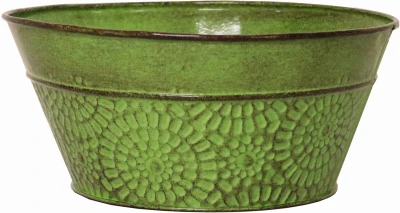 Bowl Planter, Sweet Pea Green Embossed Sheet Metal, 8 Inch High