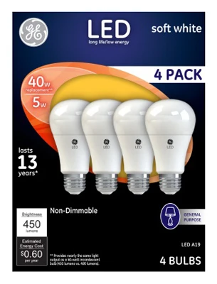 61973 Led Light Bulbs, Soft White, 450 Lumens, 5 Watt, 4-pk, Non-dimmable