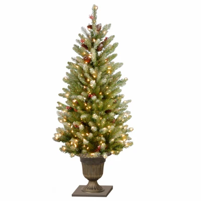 Artificial Dunhill Fir Tree with Snowy Green Branches, 100 Clear Lights, 4 Feet Tall