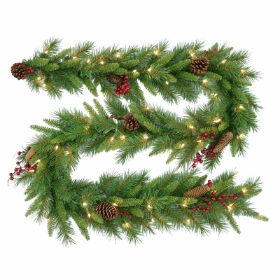 Woodland Berry Artificial Garland, 9-ft. X 10-inch With Pine Cones & Lights