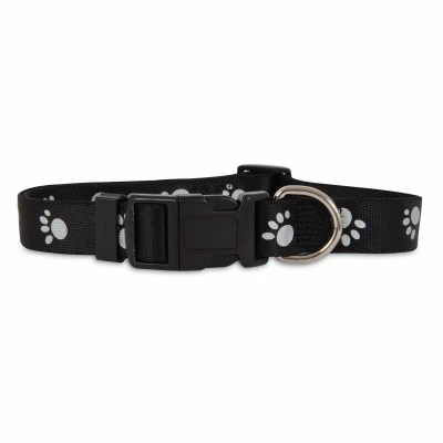 Reflective Paw Dog Collar, Black, 5/8 X 10-16 Inches, Durable Nylon