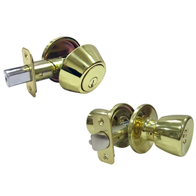 Polished Brass Combination Lockset With Keyed Tubular Entry Lockset & Deadbolt