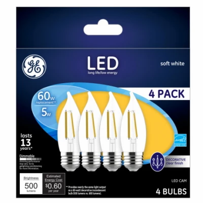 Decorative LED Light Bulbs, Soft White, CAM, Clear, Dimmable, 500 Lumens, 5 Watt, 4-Pk.