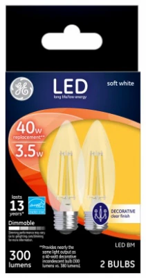 Decorative LED Light Bulbs, Soft White, Clear, Dimmable, 300 Lumens, 3.5 Watt, 2-Pk.