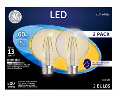 LED Globe Light Bulbs, Soft White, Clear, Dimmaable, 500 Lumens, 5 Watt, 2-Pk.