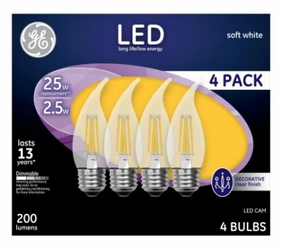 Decorative LED Light Bulbs, Soft White, Clear, Dimmable, 200 Lumens, 2.5 Watt, 4-Pk.