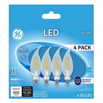 Decorative LED Light Bulbs, Candelabra Base, Daylight, Clear, Dimmable, 500 Lumens, 5 Watt, 4-Pk.