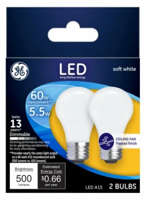 Ceiling Fan LED Light Bulbs, Soft White, Frosted, Dimmable, 500 Lumens, 5.5 Watt, 2-Pk.