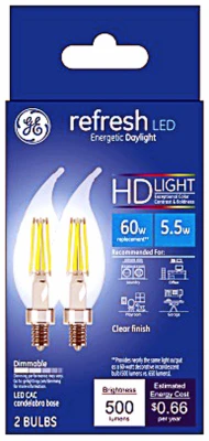 Refresh HD Decorative LED Light Bulbs, Candelabra Base, Daylight, Clear, Dimmable, 500 Lumens, 5.5 Watt, 2-Pk.