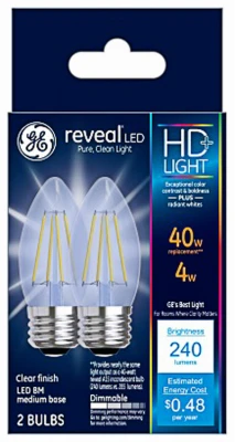 Reveal HD+ Decorative LED Light Bulbs, Clear, Dimmable, 240 Lumens, 3.2 Watt, 2-Pk.