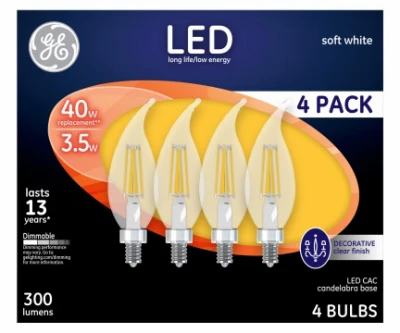 LED Candelabra Light Bulbs, Soft White, Clear, 300 Lumens, 3.5 Watt, 4-Pk.