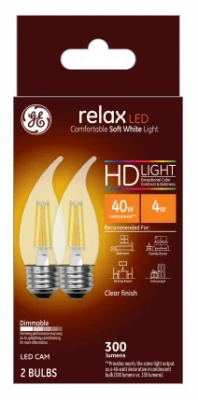 Relax HD Decorative LED Light Bulbs, Soft White, Clear, Dimmable, 320 Lumens, 4 Watt, 2-Pk.