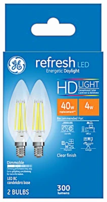 Refresh HD Decorative LED Light Bulbs, Candelabra Base, Daylight, Clear, Dimmable, 300 Lumens, 4 Watt, 2-Pk.