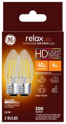 Relax HD Decorative LED Light Bulbs, Soft White, Clear, 300 Lumens, 4 Watt, 2-Pk.