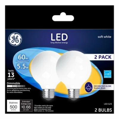 LED Globe Light Bulbs, Soft White, Frosted, 500 Lumens, 5.5 Watt, 2-Pk.