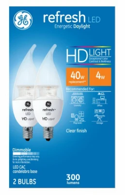 Refresh HD Decorative LED Light Bulbs, Candelabra Base, Daylight, Clear, 300 Lumens, 4 Watt, 2-Pk.