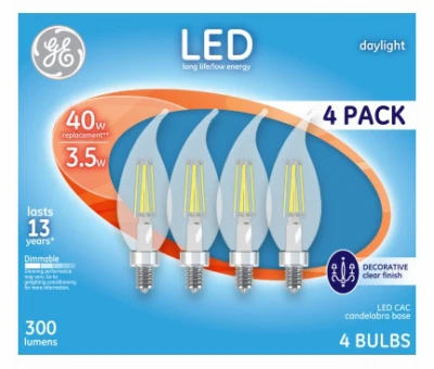 Decorative LED Light Bulbs, Candelabra Base, Daylight, Clear, 300 Lumens, 3.5 Watt, 4-Pk.