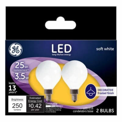 DecorativeLED Light Bulbs, Candelabra Base, Soft White, Frosted, 250 Lumens, 3.5 Watt, 2-Pk.