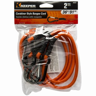 Bungee Cord, Mini Carabiner Hook, Orange, 36 In., 2-Pk.