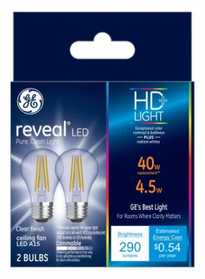 Reveal HD+ LED Ceilng Fan Light Bulbs, Clear, 300 Lumens, 4.5 Watt, 2-Pk.