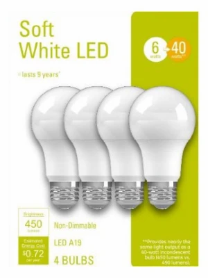 LED Light Bulbs, A19, Soft White, 450 Lumens, 6 Watt, 4-Pk.