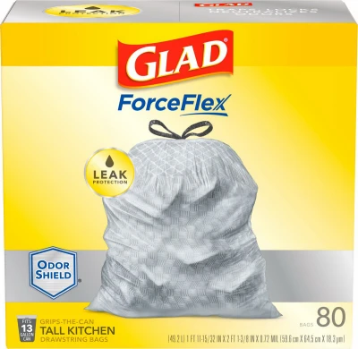 ForceFlex Tall Kitchen Trash Bags, Drawstring Closure, 13 Gallon, 80-Ct.