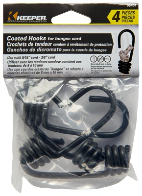 Bungee Cord Hook, Black Vinyl Coated Steel, 4-Pk.