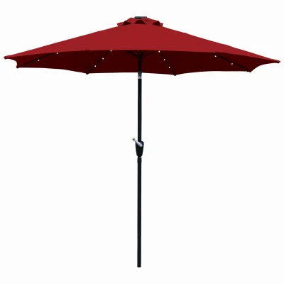 Steel Market Umbrella with 24 LED Lights, Red Canopy, 9 Foot Diameter
