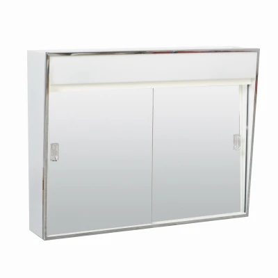 Lighted Medicine Cabinet with Sliding Door, White Steel, 23 and 3/8 Inches by 18 and 1/8 Inches