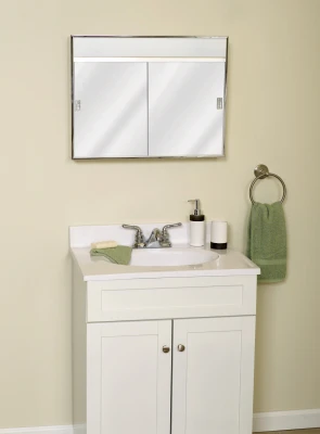 Lighted Medicine Cabinet with Sliding Door, White Steel, 23 and 3/8 Inches by 18 and 1/8 Inches