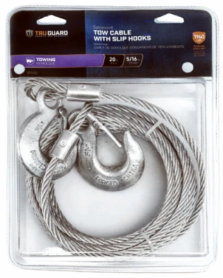 Galvanized Steel Tow Cable with Slip Hooks, 5/16 Inch Diameter by 20 Feet Length