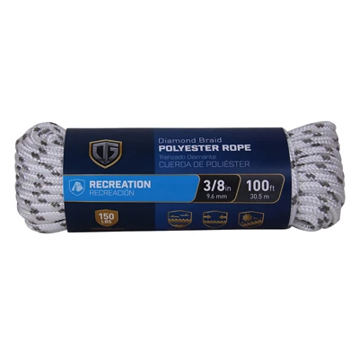 Polypropylene Rope, Diamond Braid, White/Gray, 3/8 In. x 100 Ft.