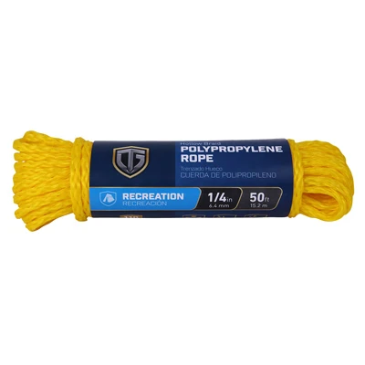 Polypropylene Rope, Hollow Core, Yellow, 1/4 In. x 50 Ft.