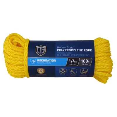 Polypropylene Rope, Hollow Core, Yellow, 1/4 In. x 100 Ft.